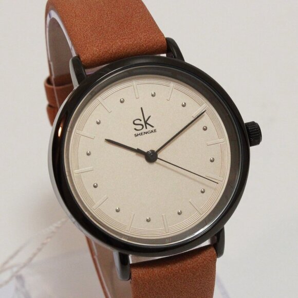 Ladies Retro Style Watch Black Case Silver Tone Indices Suede Strap 36mm